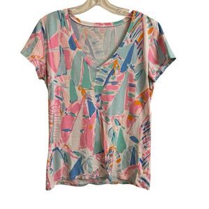 Lilly Pulitzer Michelle V-neck Tee Out to Sea Sailboat Print Size Large